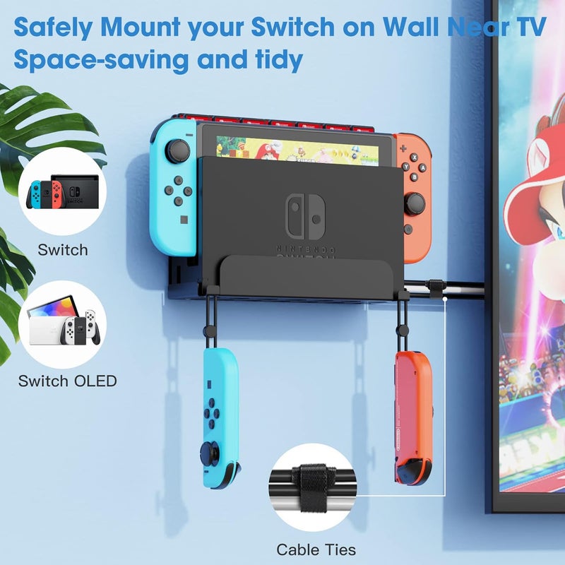KUNSLUCK KUNSLCUK Wall Mount for Switch and Switch OLED, Metal Wall Mount Stand Accessories with 28 Game Cards Holder and 2 Joy-Con Hooks, Safely Mount Your Switch on Wall Near TV (Black) - Image 2